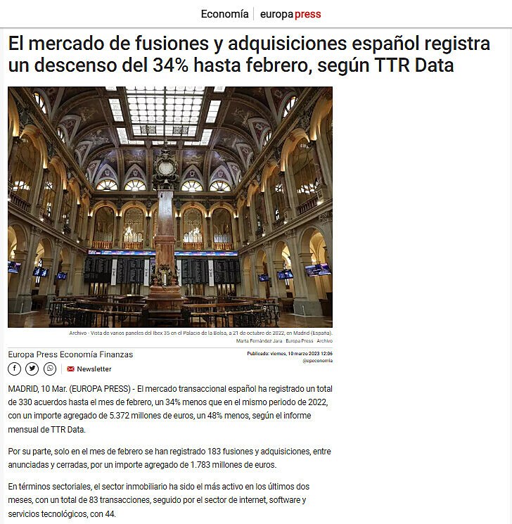 El mercado de fusiones y adquisiciones espaol registra un descenso del 34% hasta febrero, segn TTR Data